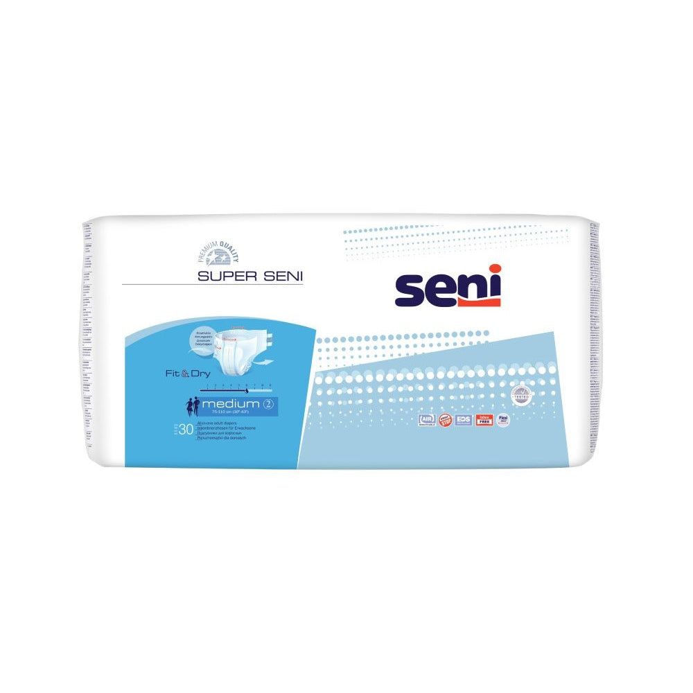 Packung Super Seni Medium a30. Weiße Verpackung mit blauer Grafik. Produktname und Logo deutlich sichtbar.