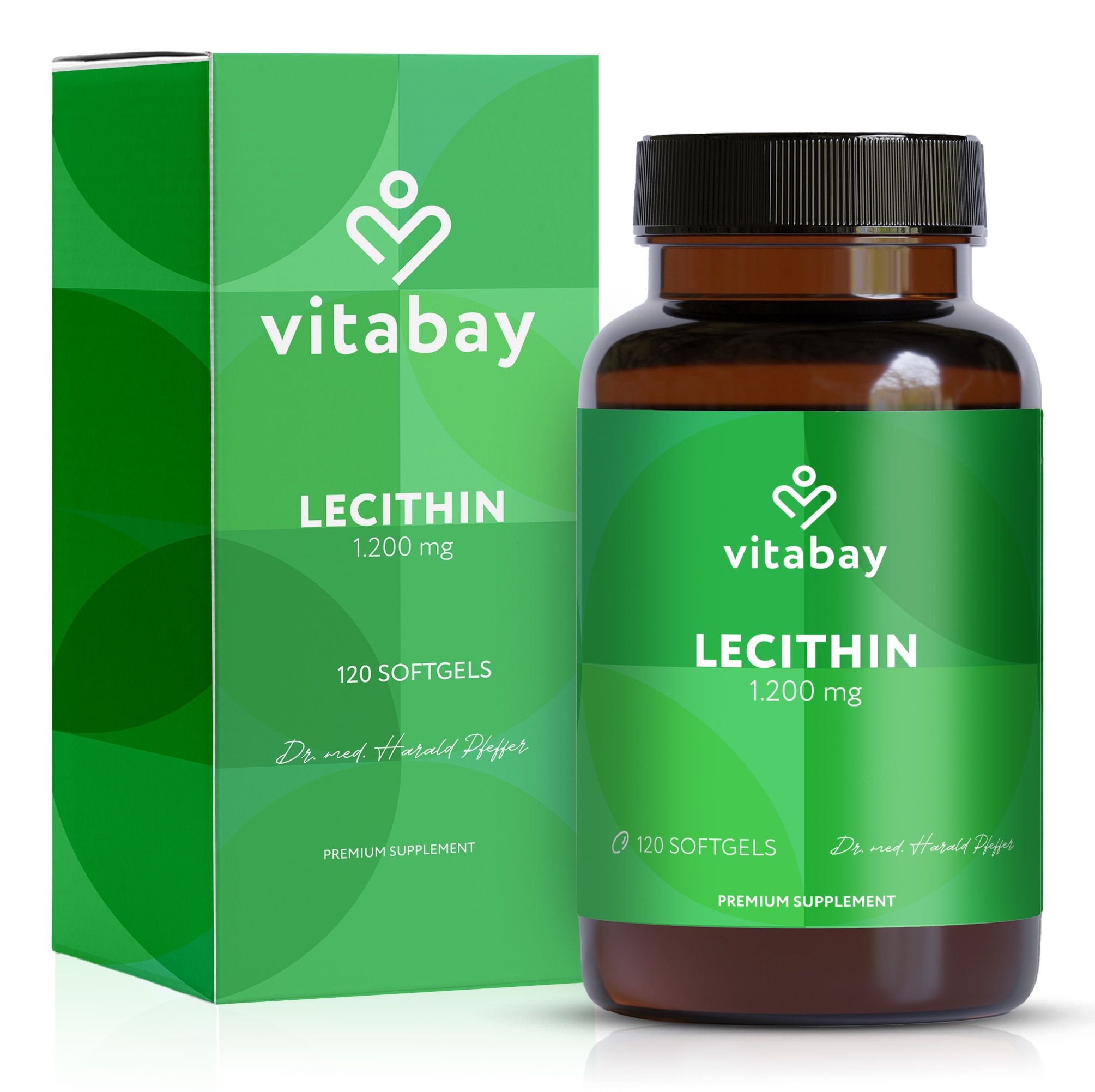 Vitabay Lecithin 1.200 mg Produktverpackung. Enthält 120 Softgels. Braune Flasche und grüne Schachtel.