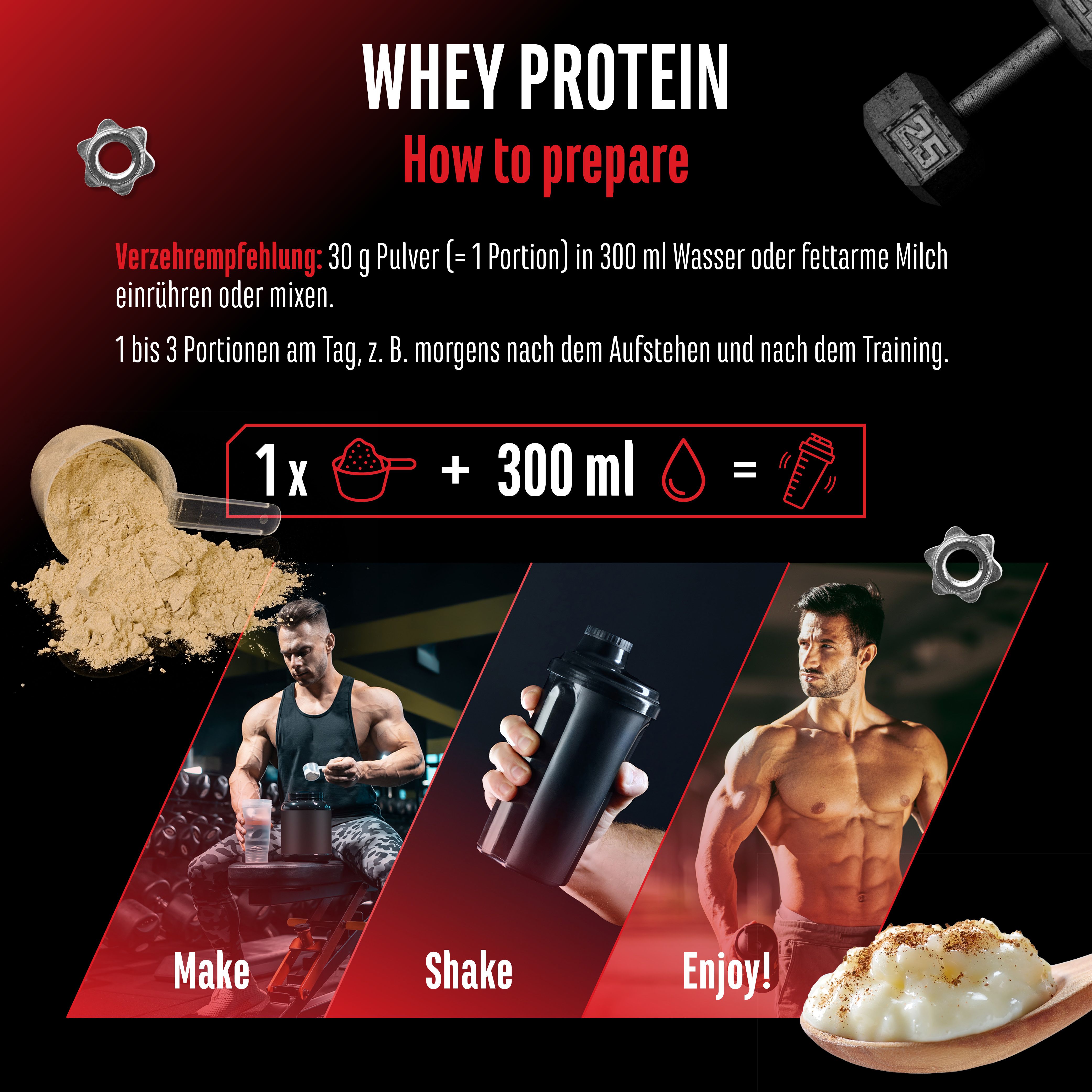 Anleitung zur Zubereitung. 1 Portion Pulver + 300 ml Wasser/Milch. Bilder: Mischen, Shaken, Genießen.