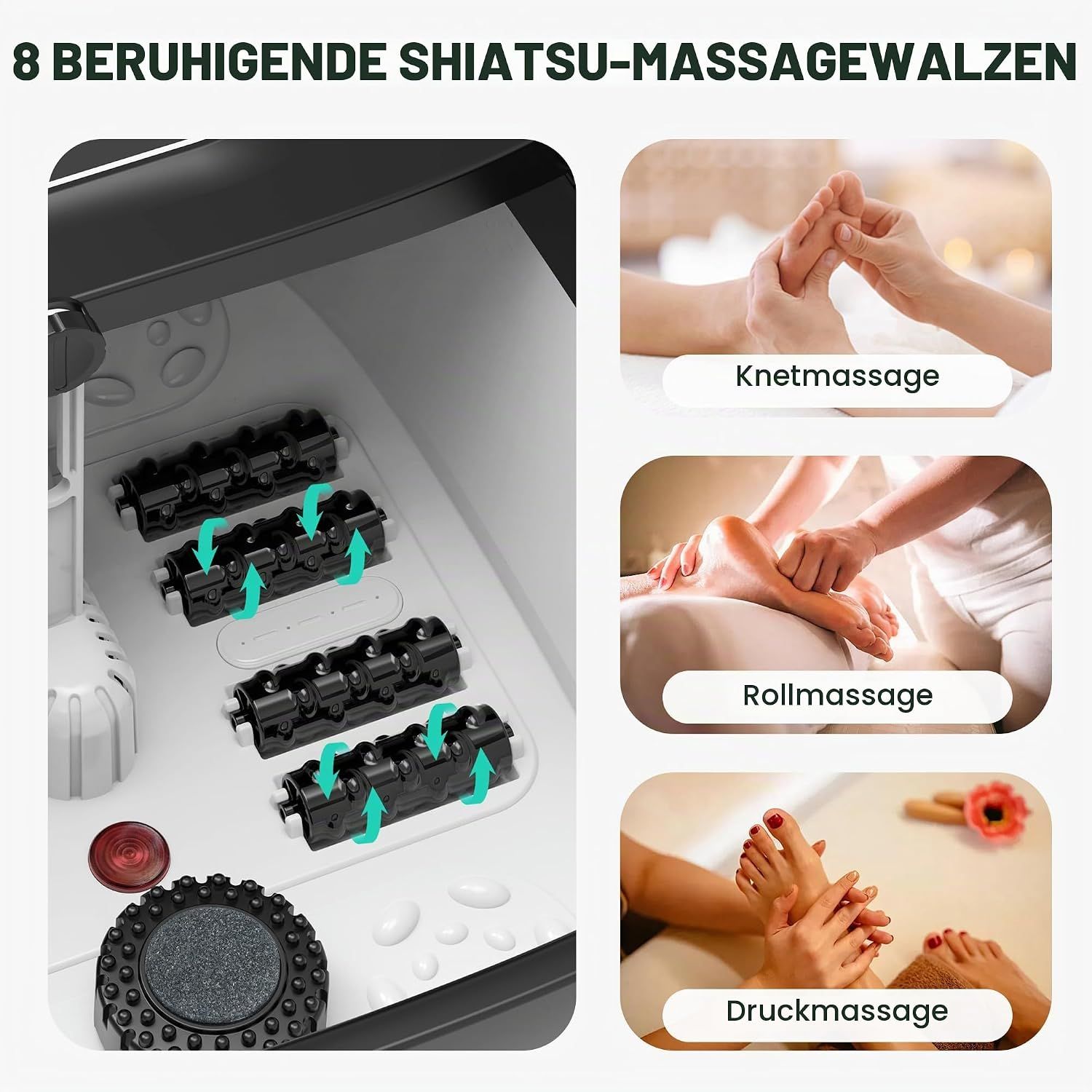 Detailansicht des Fußbades mit 8 Shiatsu-Rollen, Bimssteinaufsatz und Wärmequelle.