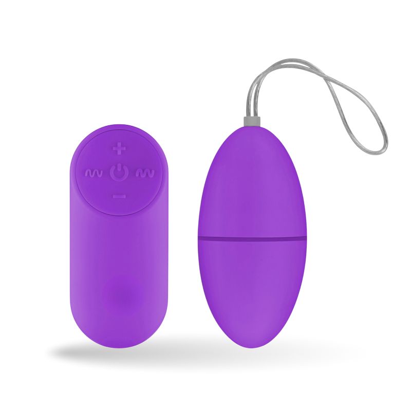 Lila Fernbedienung und Ei-Vibrator. Auf der Fernbedienung sind Symbole für Funktionen abgebildet. Auf weißem Hintergrund.