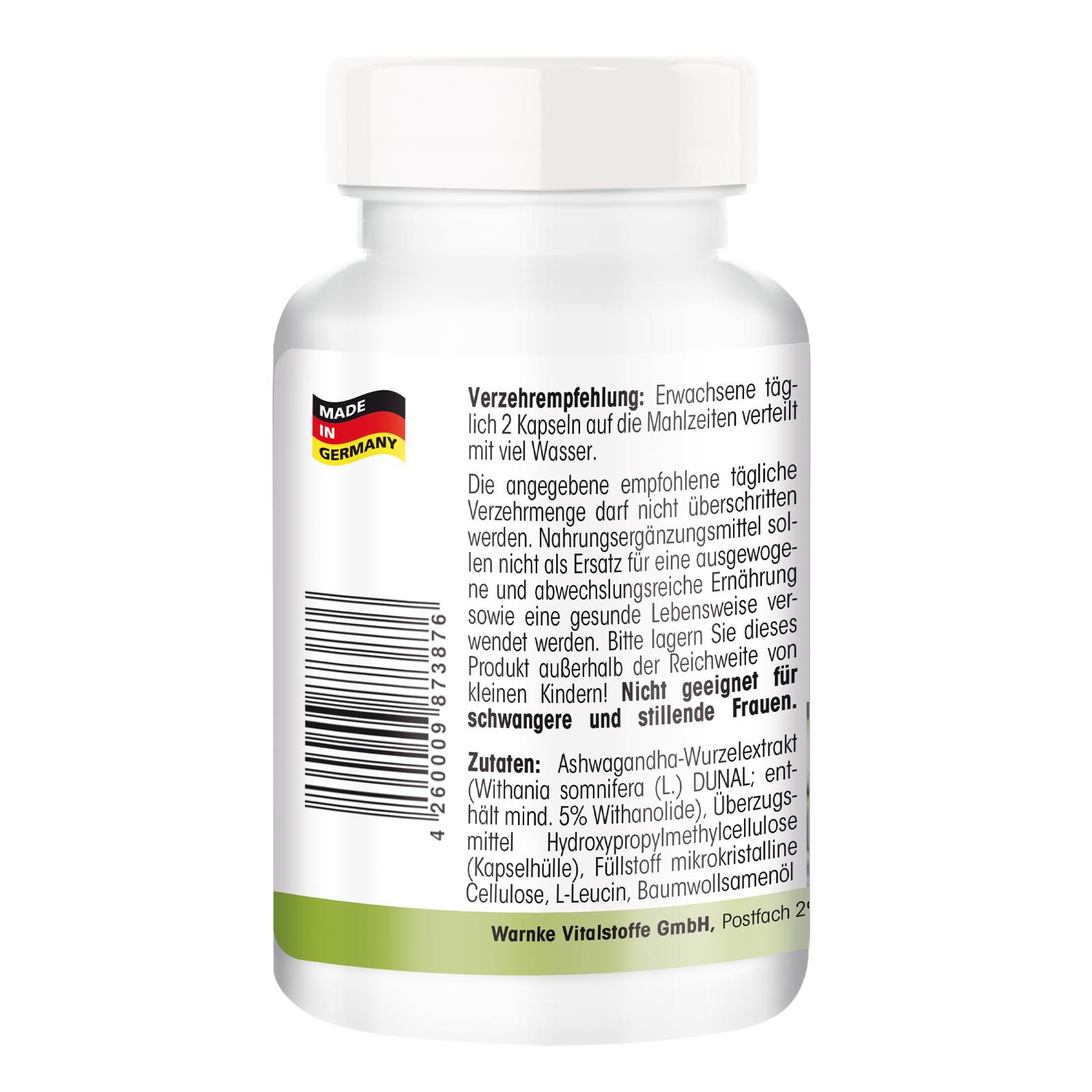 Rückseite der weißen Pillenflasche. Text mit Inhaltsstoffen und Verzehrempfehlung. 'Made in Germany' Aufkleber.