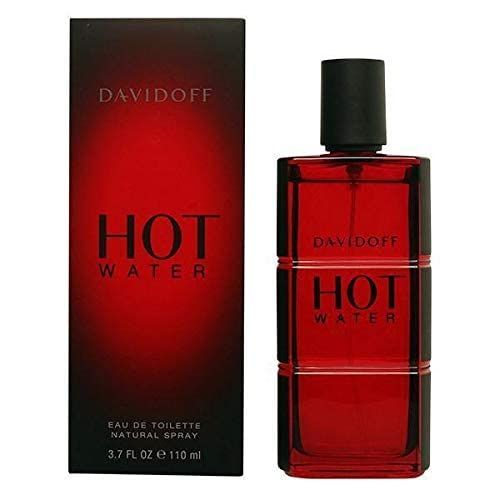 Davidoff Hot Water Eau de Toilette. Rote Flasche und schwarze Verpackung. Aufschrift: HOT WATER, DAVIDOFF.