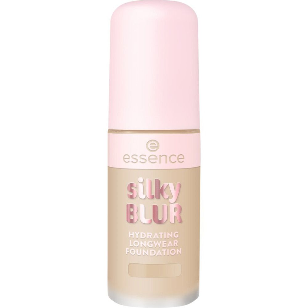 Beige Foundation-Flakon mit rosa Deckel. Aufschrift: Silky Blur, Hydrating Longwear Foundation. Marke: essence.