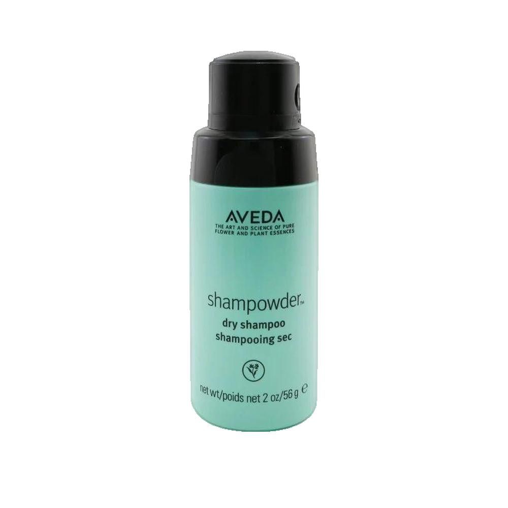 Türkisfarbene Flasche mit schwarzem Deckel. AVEDA-Logo und Produktname: shampowder. Text: dry shampoo, shampoing sec.