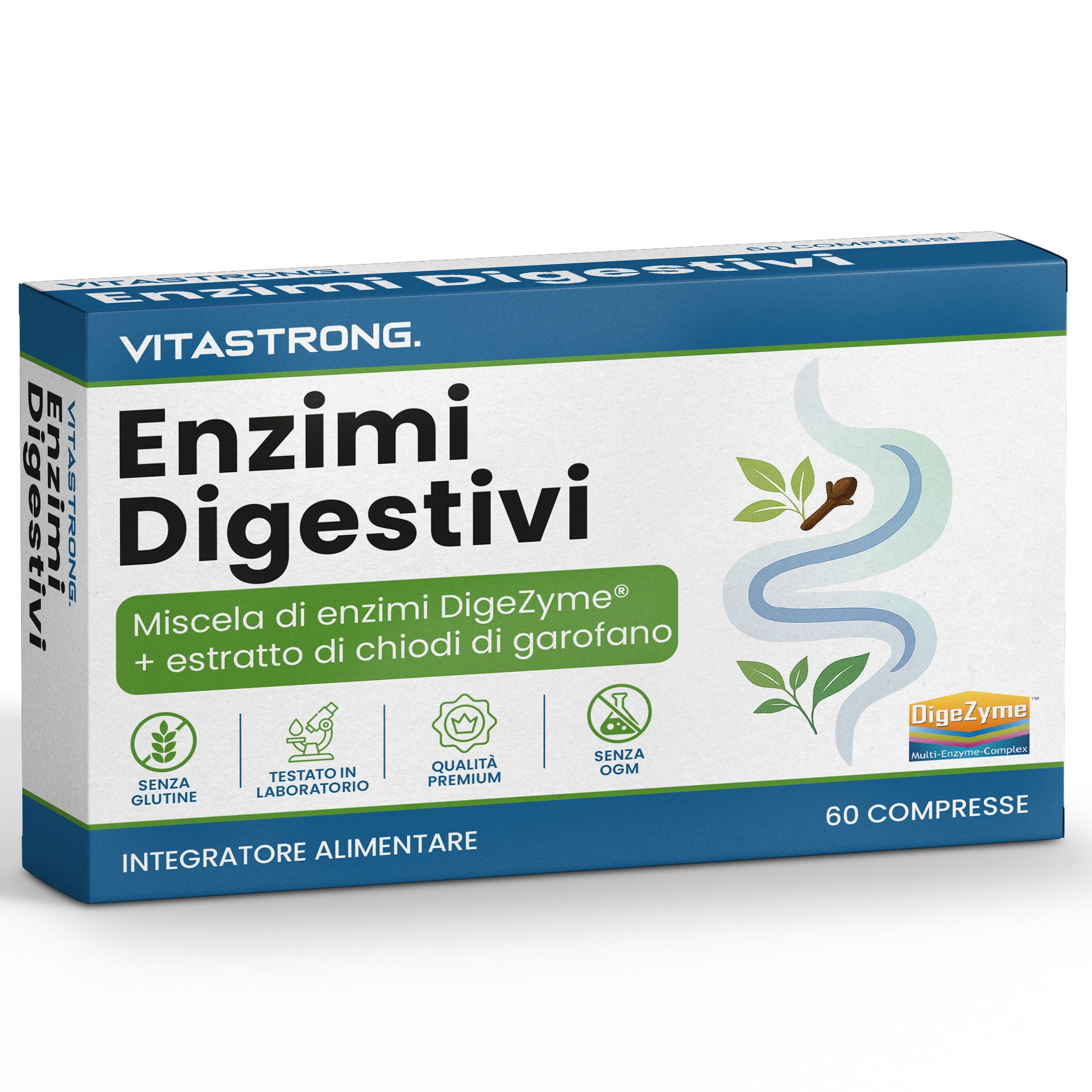 Vitastrong Enzimi Digestivi. Produktverpackung mit 60 Tabletten. Glutenfrei, Laborgetestet, Premium Qualität.