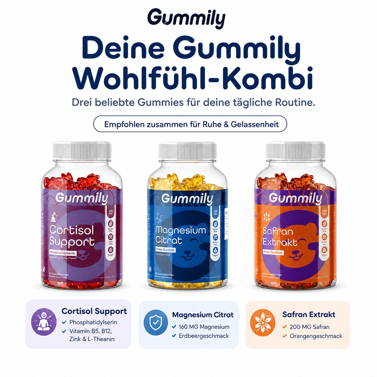 Gummily Wohlfühl-Kombi: Drei Gummibärchen-Sorten, darunter Safran Extrakt.