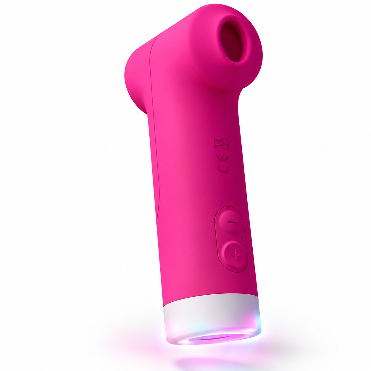 Pinker Saugstimulator mit abgerundetem Kopf und LED-Beleuchtung am Griffende, isoliert auf weißem Hintergrund.