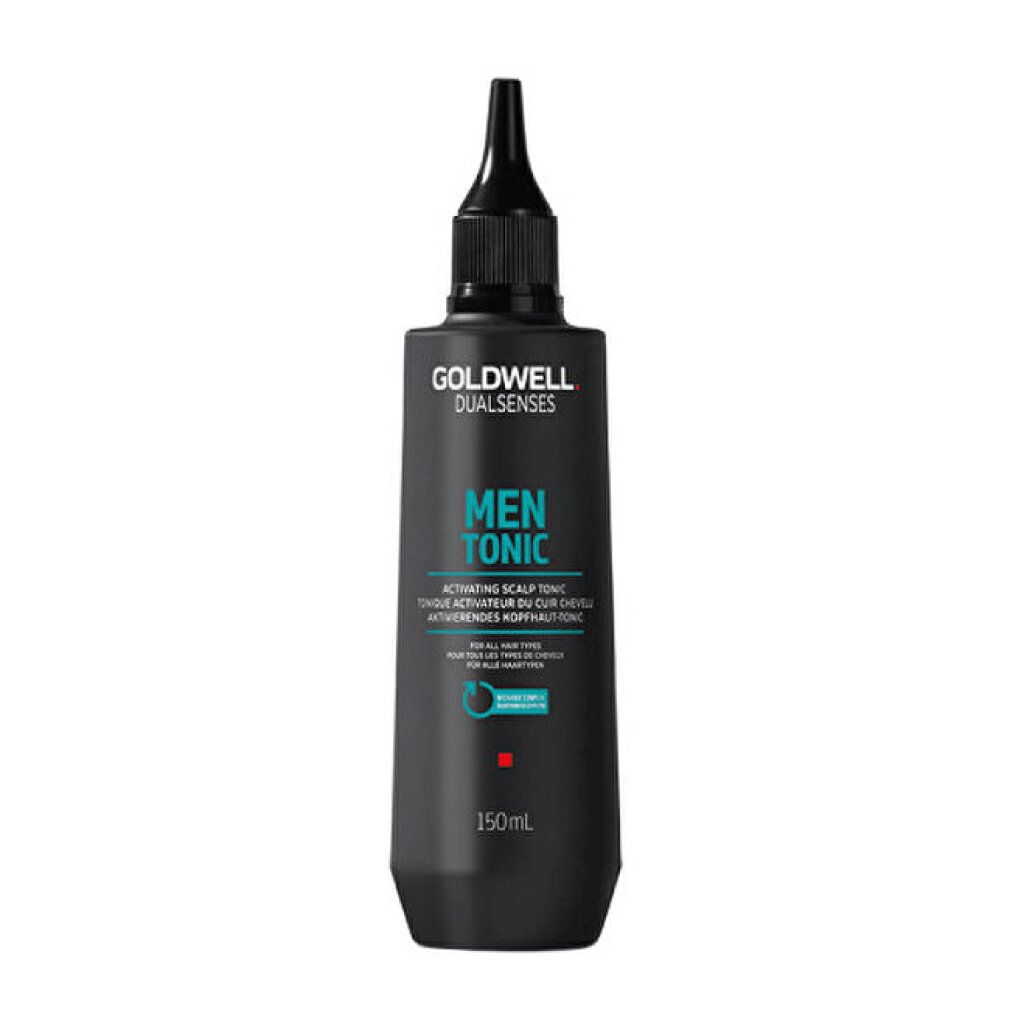 Schwarze Flasche mit schwarzem Applikator. Aufschrift: Goldwell Dualsenses Men Tonic. Aktivierendes Kopfhaut-Haartonic. 150ml.