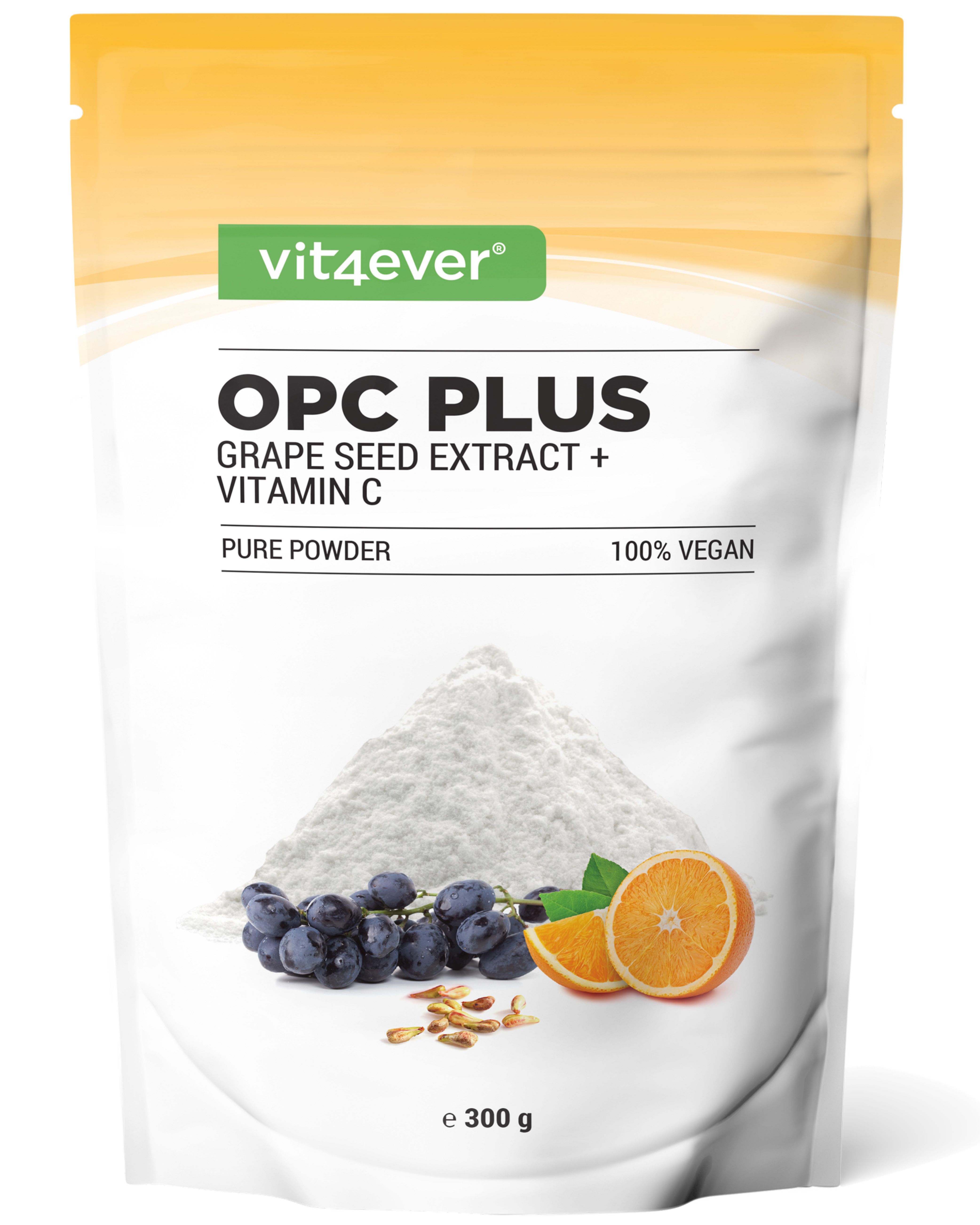 Beutel mit weißem Pulver, Trauben, Orangenscheiben. Text: OPC PLUS, Grape Seed Extract + Vitamin C, 100% Vegan.