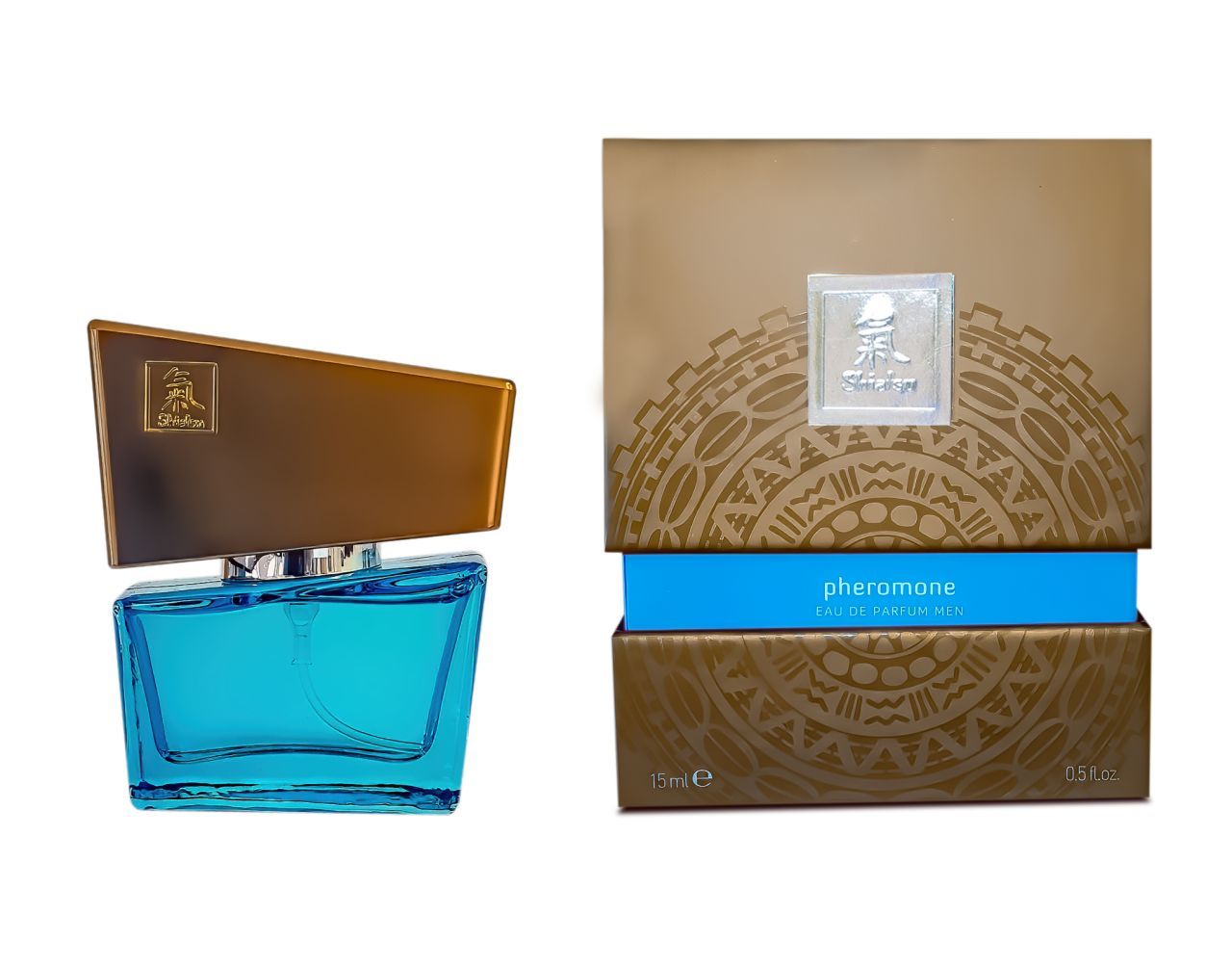 Türkisfarbener Flakon und goldfarbene Verpackung. Text: Pheromone Eau de Parfum Men.