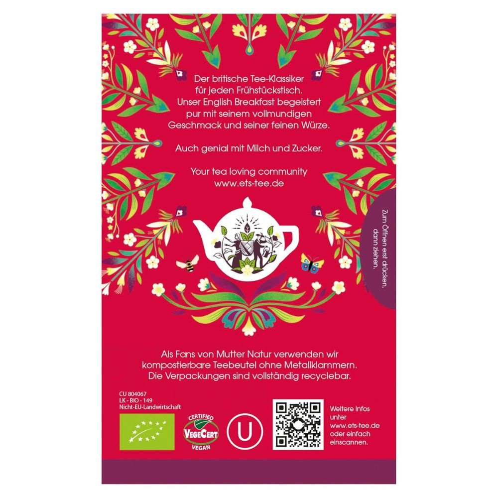 Rückseite der roten "English Tea Shop"-Verpackung. Text über Tee, Logo, Vegan-Siegel, QR-Code.