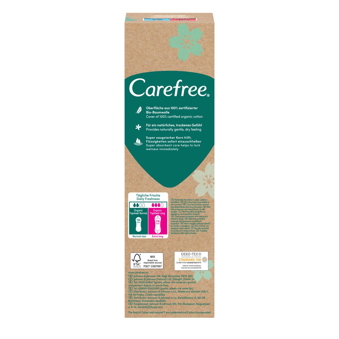 Carefree Slipeinlagen, Organic Long ohne Duft. Rückseite der Verpackung mit Produktinformationen und Zertifizierungen.