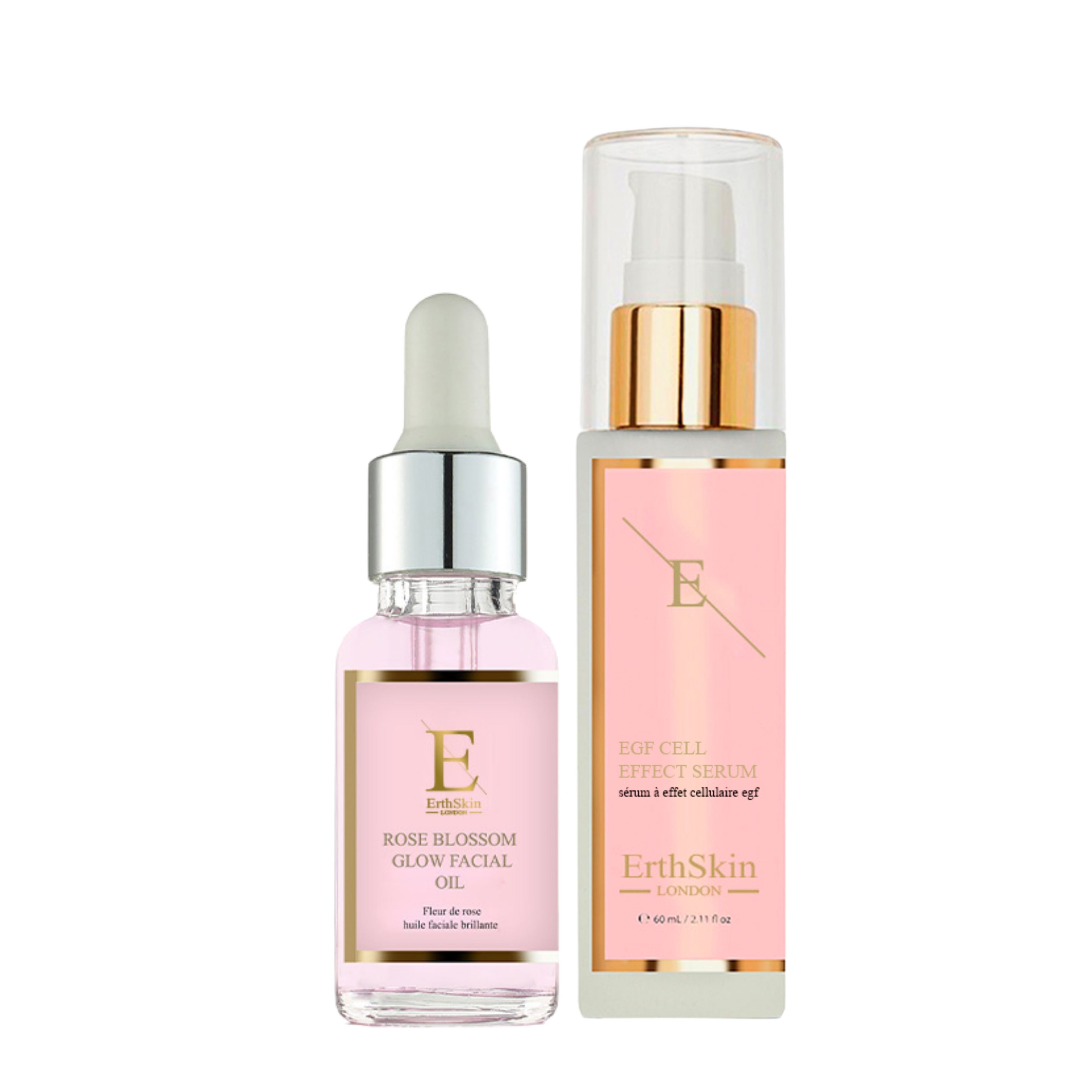 Zwei Flakons: Rose Blossom Glow Facial Oil und EGF CELL EFFECT SERUM. Rosa Flüssigkeit, goldfarbene Akzente, weißer Hintergrund.