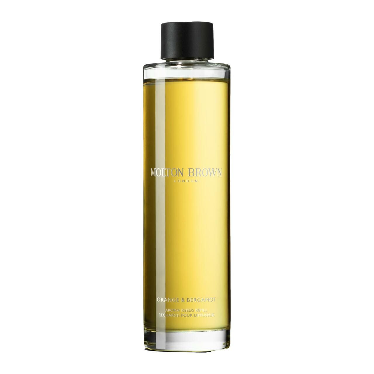 Molton Brown Orange & Bergamotte Aroma Refill in Glasflasche mit schwarzem Verschluss.