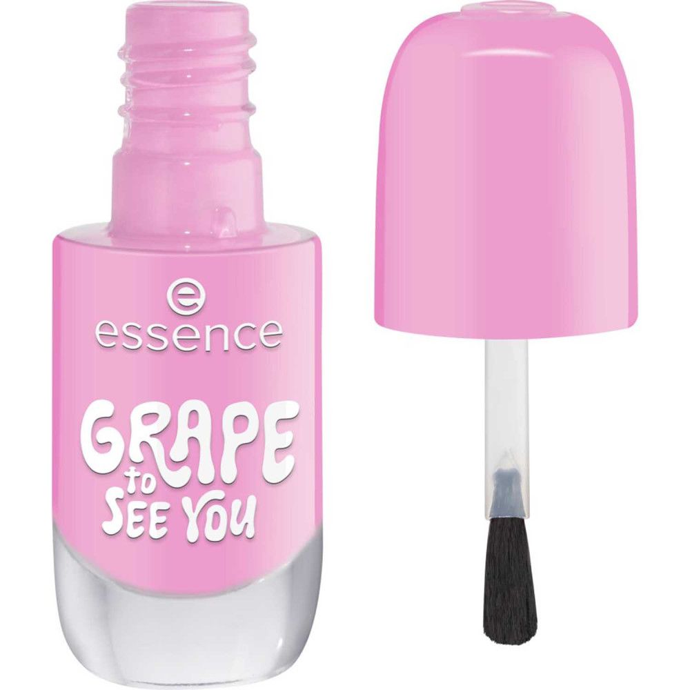 Essence Gel-Nagellack, rosa. Geöffnete Flasche mit Pinsel und Deckel. Aufschrift: Grape to See You.