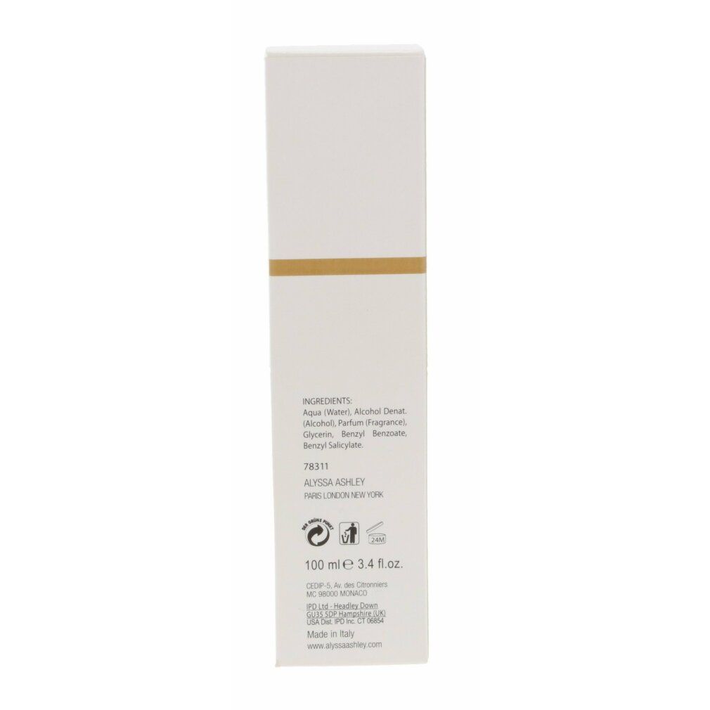 Rückseite der Alyssa Ashley Coco Vanilla Eau de Cologne Verpackung. Zutatenliste, Adresse und Volumenangabe: 100 ml.