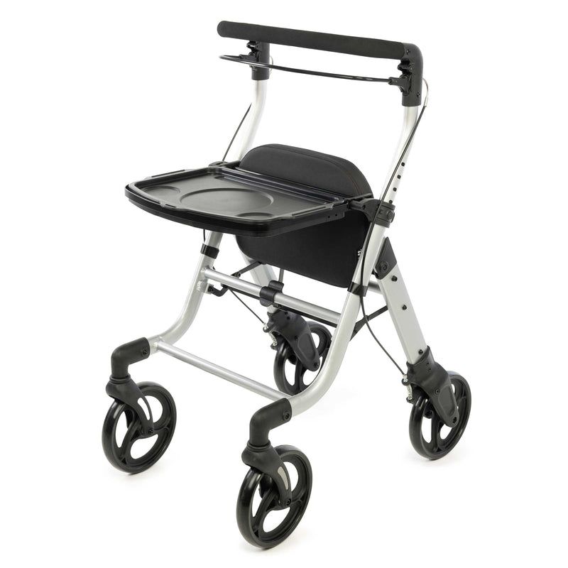 Leichter Rollator aus Aluminium mit Sitz, Tablett und Tasche.