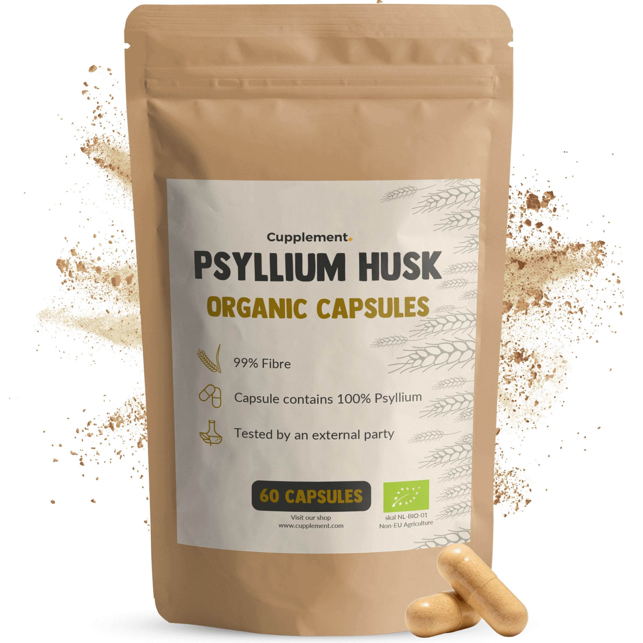 Beutel mit Cupplement® Psyllium Husk Kapseln. 60 Kapseln. Text: Organic Capsules, 99% Fibre. BIO-Siegel. Zwei Kapseln.