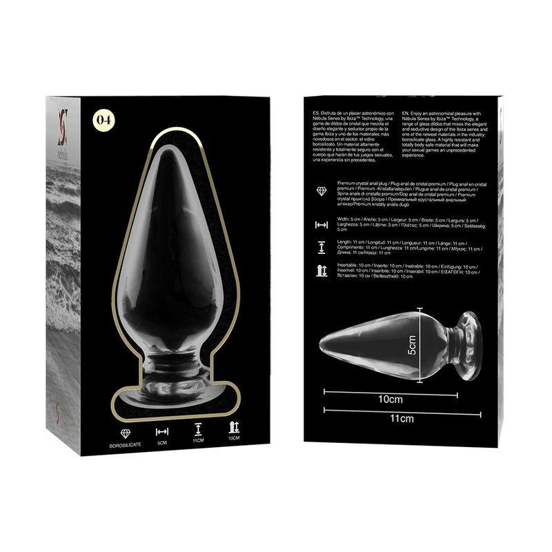 Analplug aus Glas, transparent. Mit Verpackung. Auf der Verpackung: Borosilikatglas, Maße.