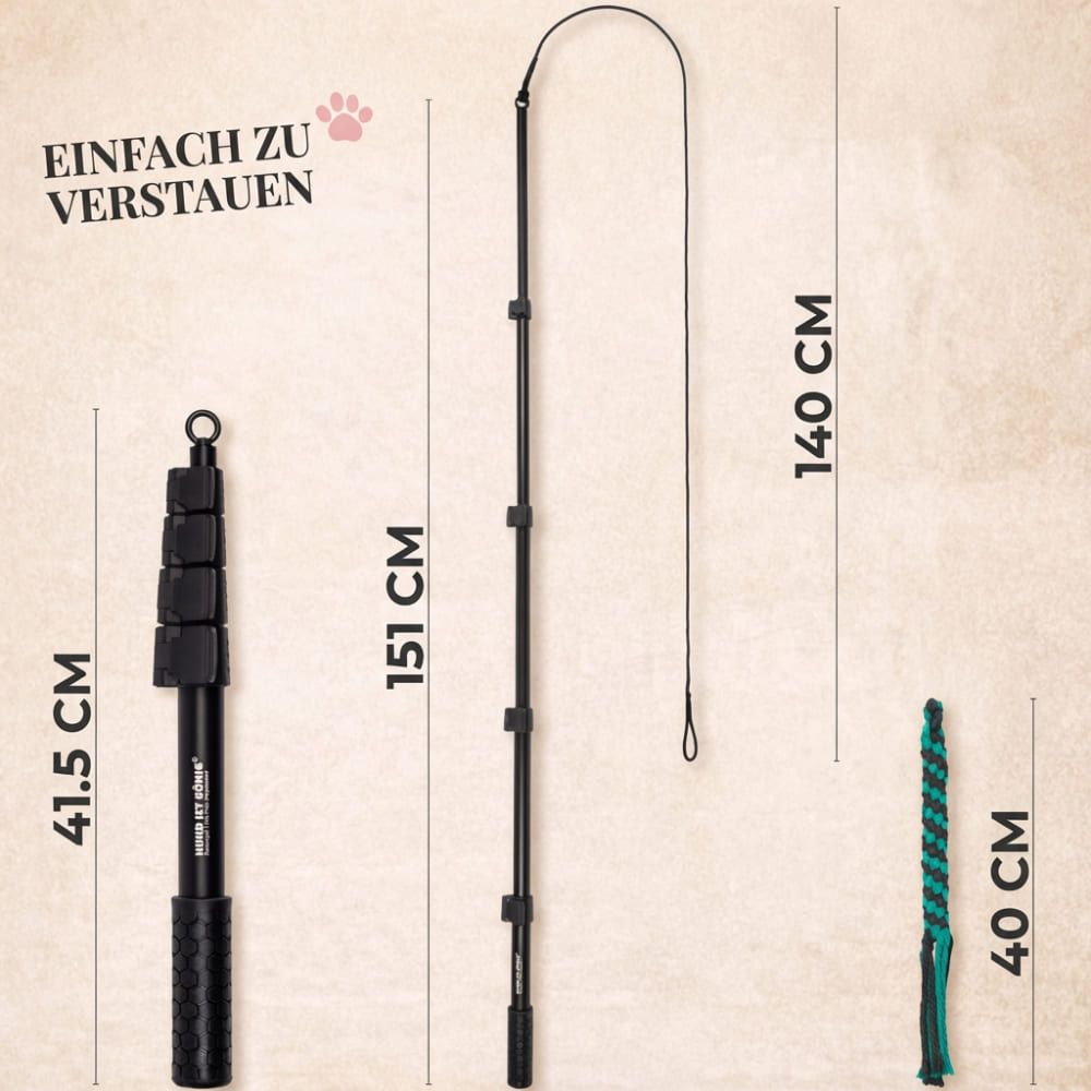 Reizangel mit Maßen: 151 cm lang, 41,5 cm Griff, 140 cm Seil, 40 cm Köder. Text: Einfach zu verstauen.