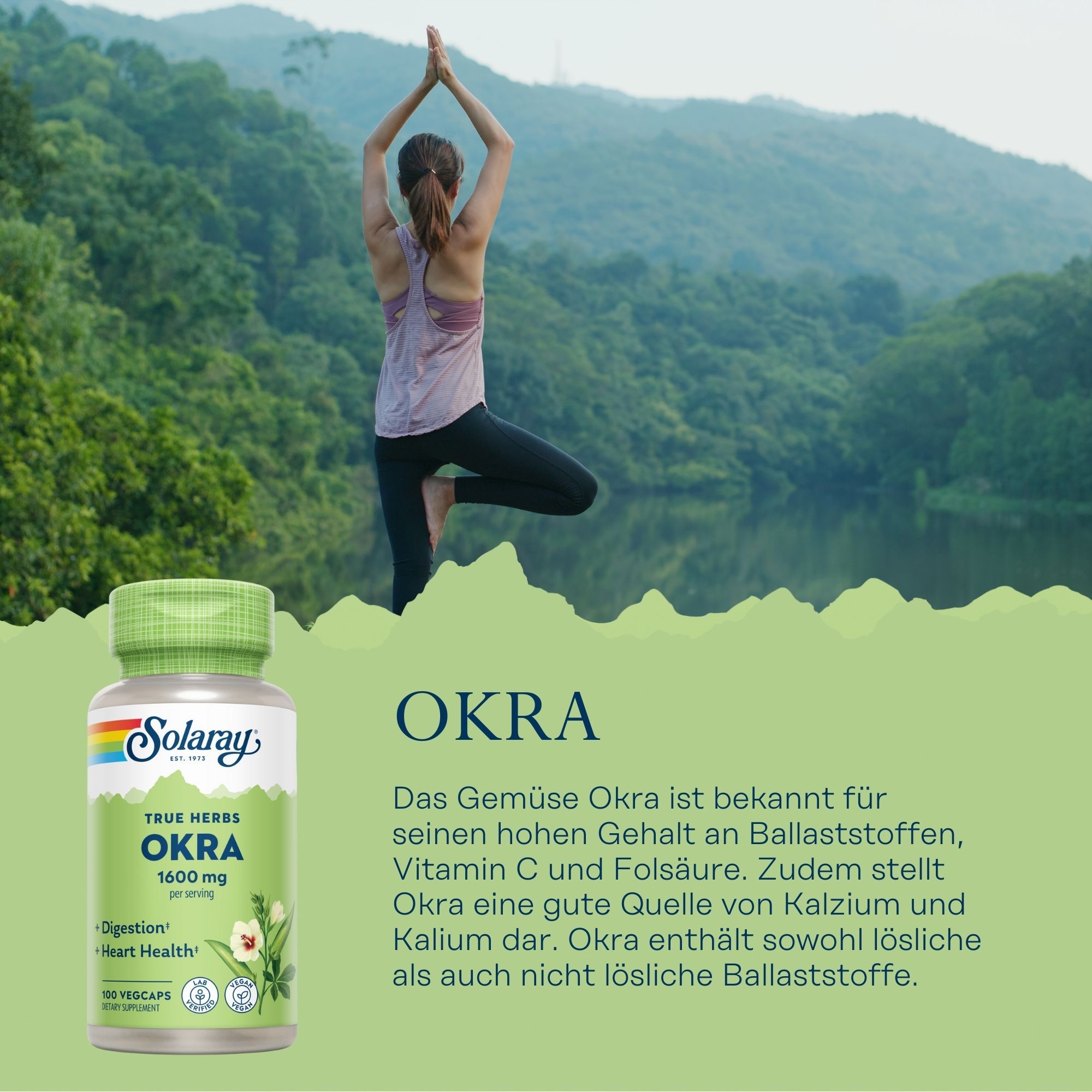 Grüne Flasche mit Solaray Okra 1600 mg. Etikett mit Produktnamen, Inhaltsangaben und Logo. Hintergrund: Frau beim Yoga.
