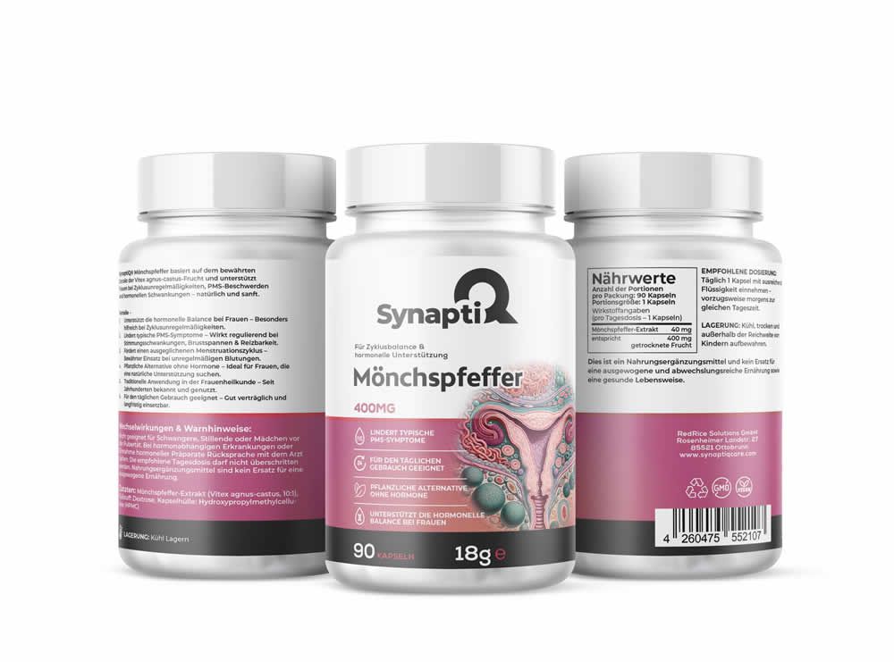 Drei weiße Pillenfläschchen mit Etiketten. Aufschrift: SynaptiQ Mönchspfeffer, 400mg, 90 Kapseln. Rückseite mit Informationen und Barcode.