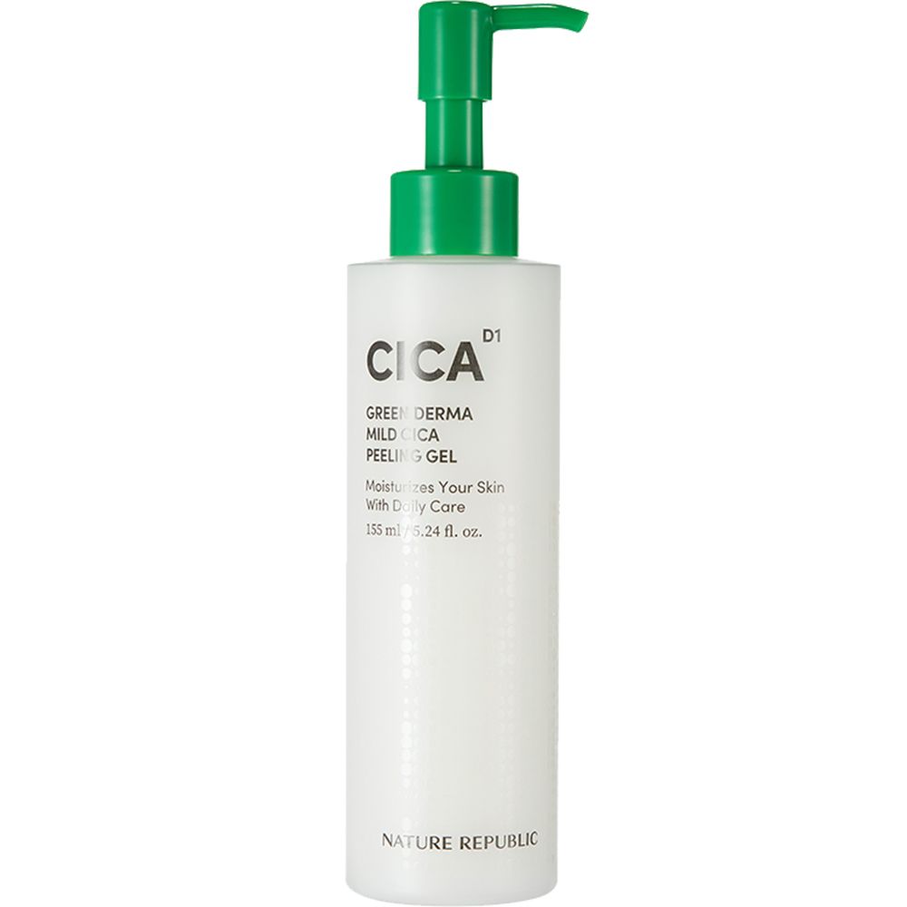 Weiße Flasche mit grünem Pumpkopf. Aufschrift: CICA, GREEN DERMA MILD CICA PEELING GEL. Marke: NATURE REPUBLIC.