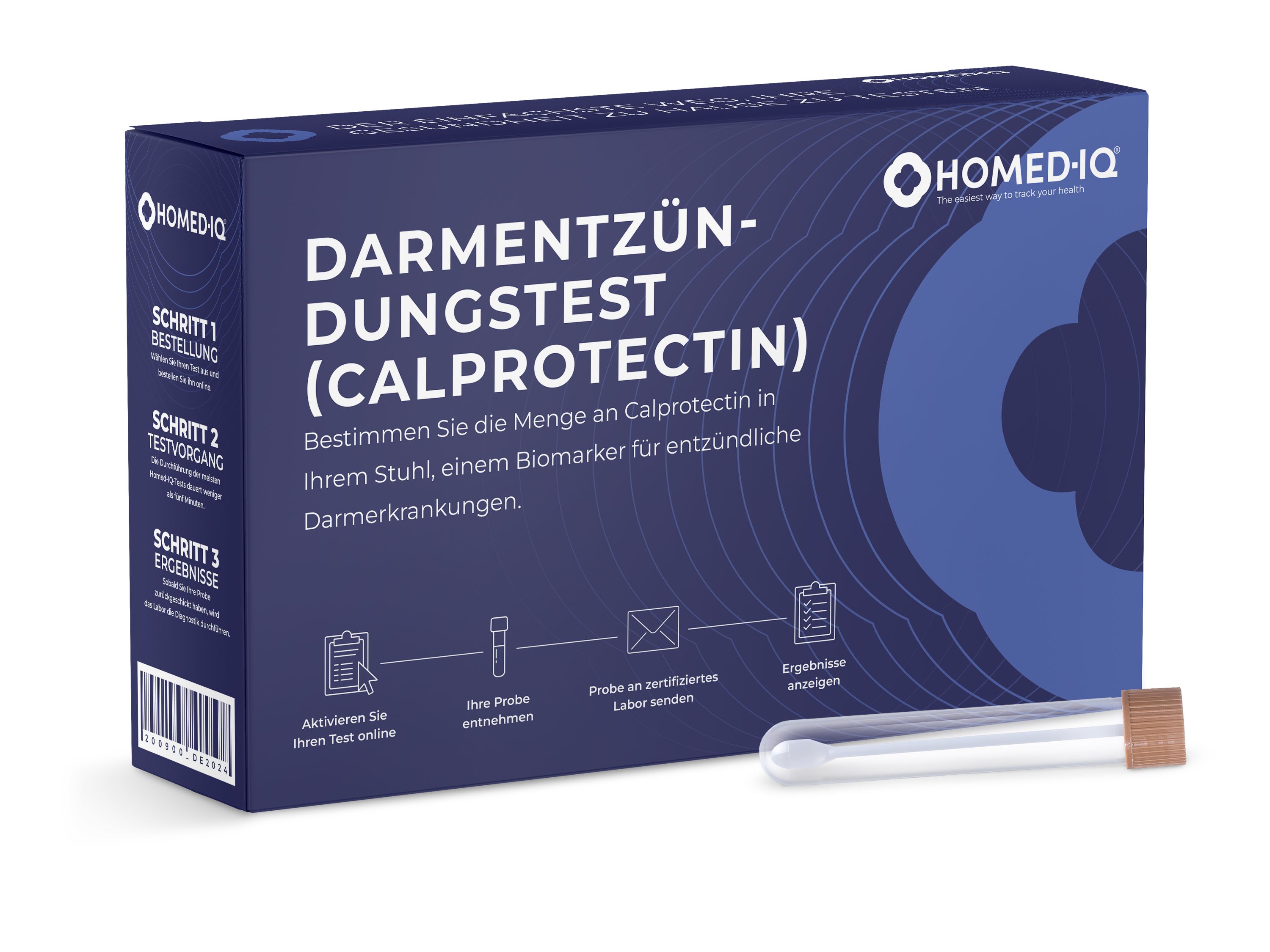 Dunkelblaue Schachtel mit Homed-IQ-Logo und Text: Darmzündungstest (Calprotectin). Enthält Teströhrchen mit braunem Verschluss.