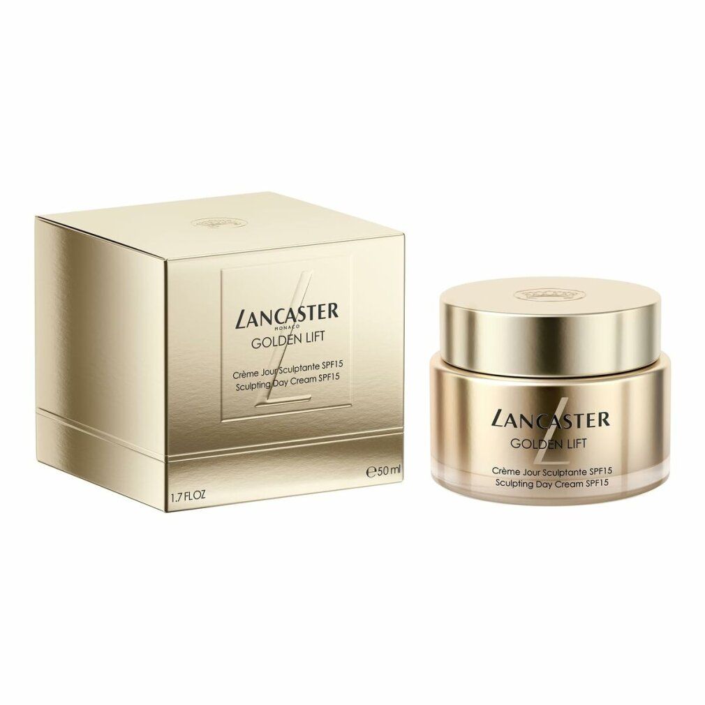 Goldfarbene Creme-Dose und -Verpackung. Aufschrift: Lancaster Golden Lift Crème Jour Sculptante SPF15. 1.7 fl.oz.