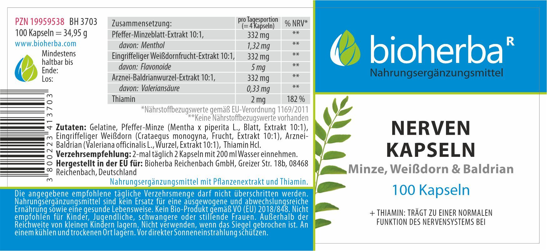 Etikett mit Inhaltsstoffen und Text: Nerven Kapseln. Marke: Bioherba. Enthält Minze, Weißdorn, Baldrian und Thiamin.