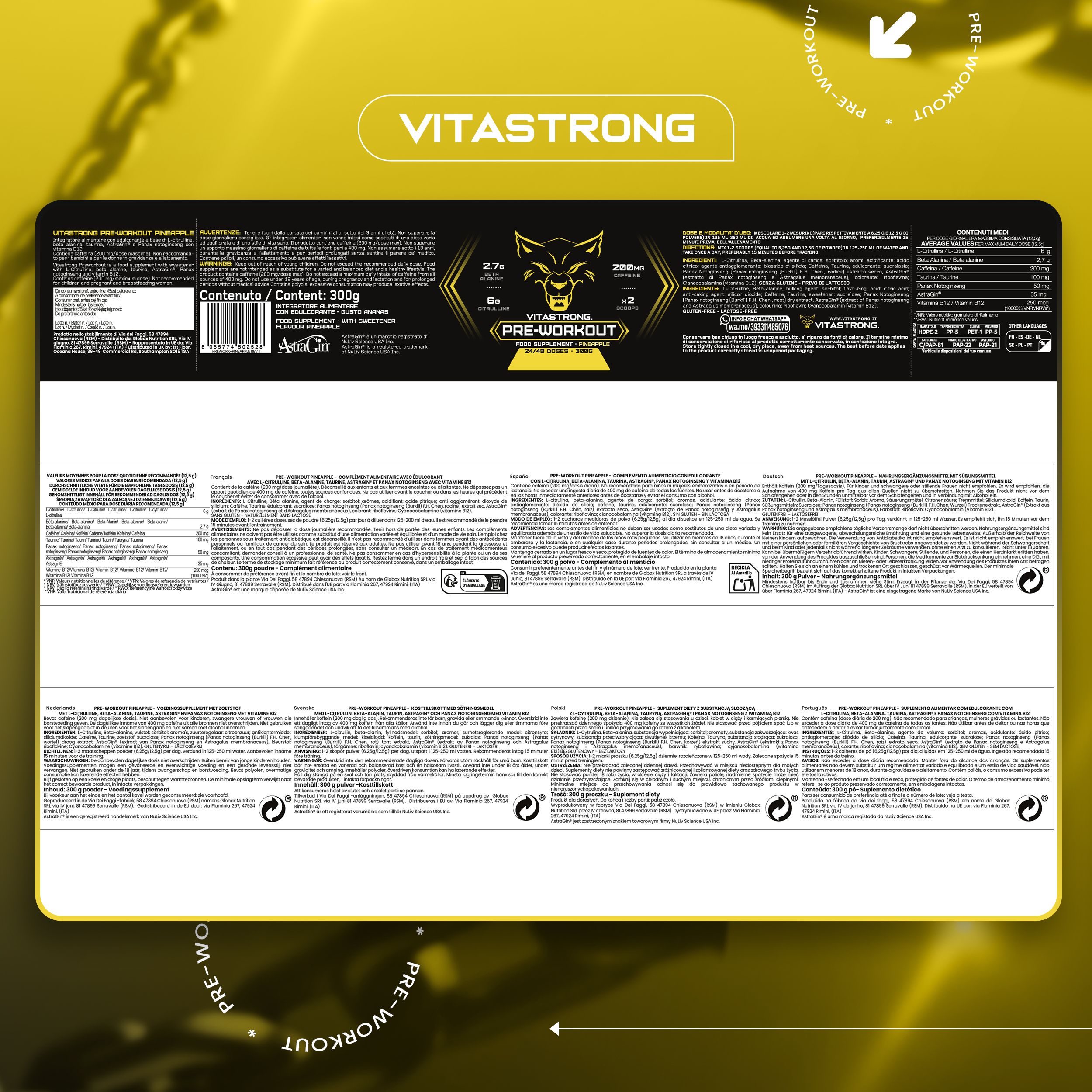 Rückseite der Verpackung. Text: Vitastrong Pre-Workout. Nährwertangaben und Inhaltsstoffe.