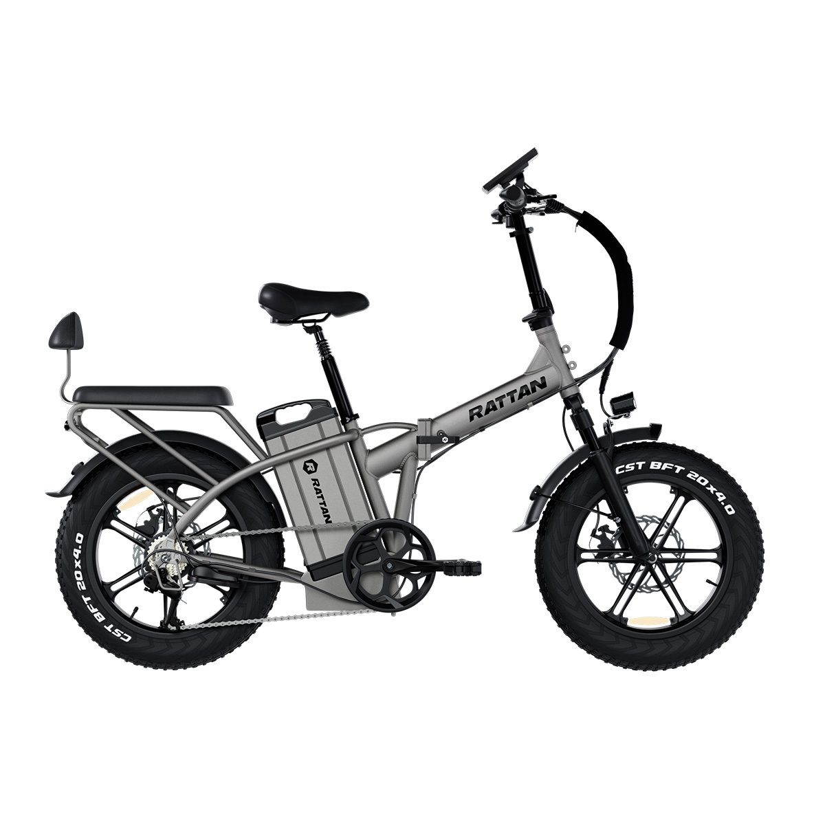 Faltbares E-Bike, grau. Schwarze Reifen, Sattel und Lenker. Batterie mit RATTAN-Logo. Gepäckträger mit Rückenlehne.