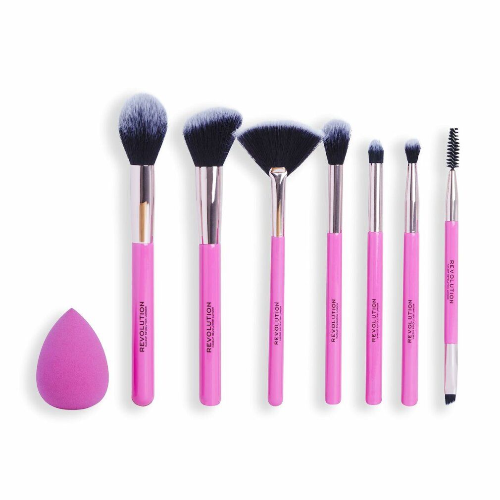 Pinsel-Set mit rosa Griffen und Schwamm. Enthält verschiedene Pinselformen und einen Make-up-Schwamm.