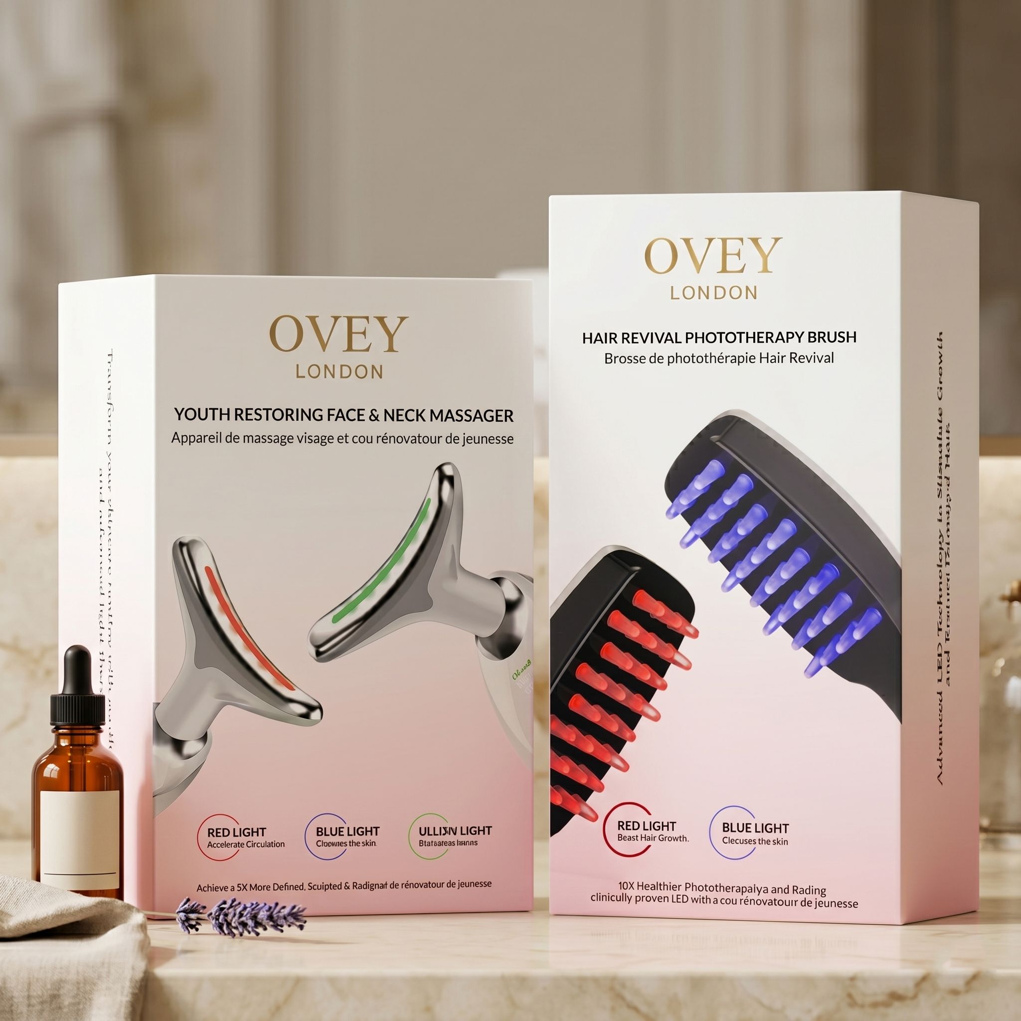 Zwei Produktboxen mit OVEY LONDON Logo. Eine Box zeigt ein Massagegerät, die andere eine Haarbürste. Eine Flasche steht daneben.