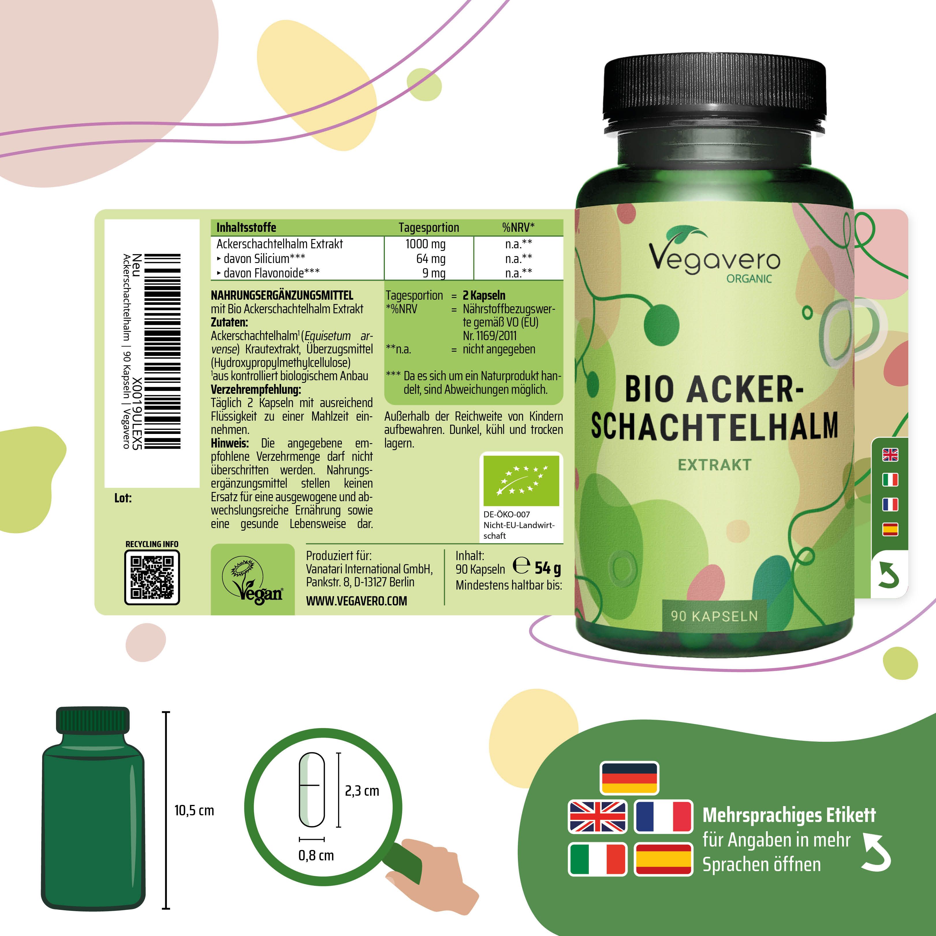 Produktetikett mit Informationen zu Inhaltsstoffen und Nährwerten. Flasche mit Kapseln. Mehrsprachige Etiketten.