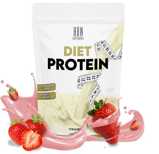 HBN Supplements Diet Protein-Beutel mit Erdbeeren und rosa Flüssigkeit. Enthält Glucomannan und unterstützt die Gewichtsabnahme. Aufschrift: Erdbeere.