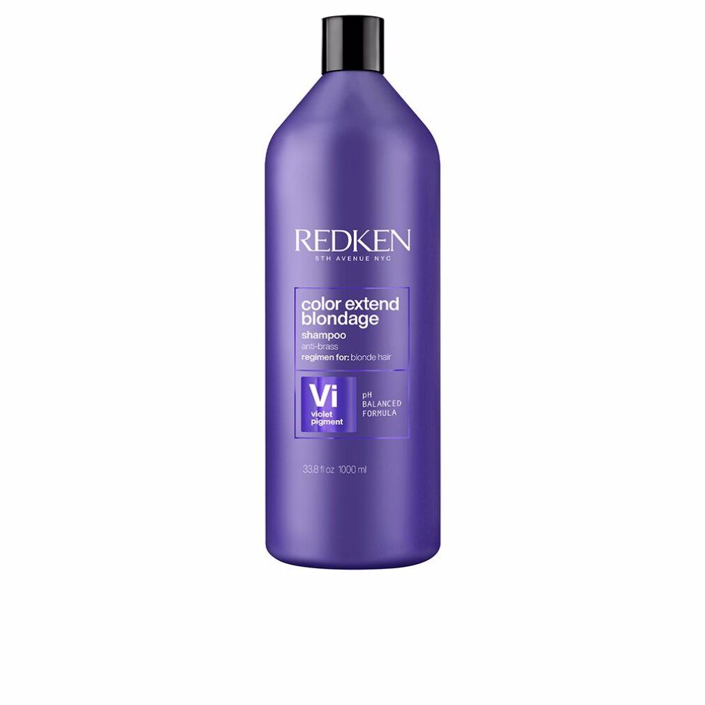 Violettes Shampoo von Redken. Flasche mit schwarzem Deckel. Aufschrift: Color Extend Blondage. pH-ausgewogene Formel.