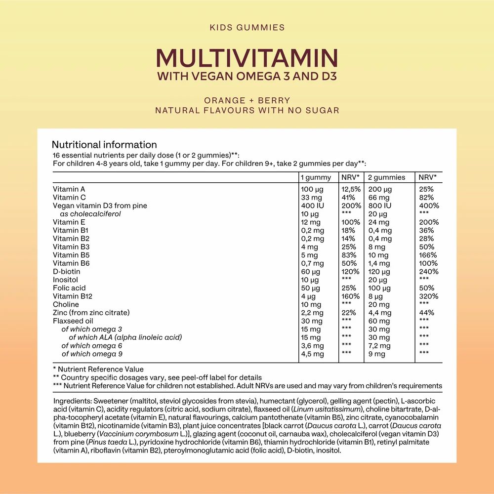 Flasche mit Kindern-Multivitamin-Gummibärchen, orange und rot, mit Nährwerttabelle und Inhaltsstoffen.