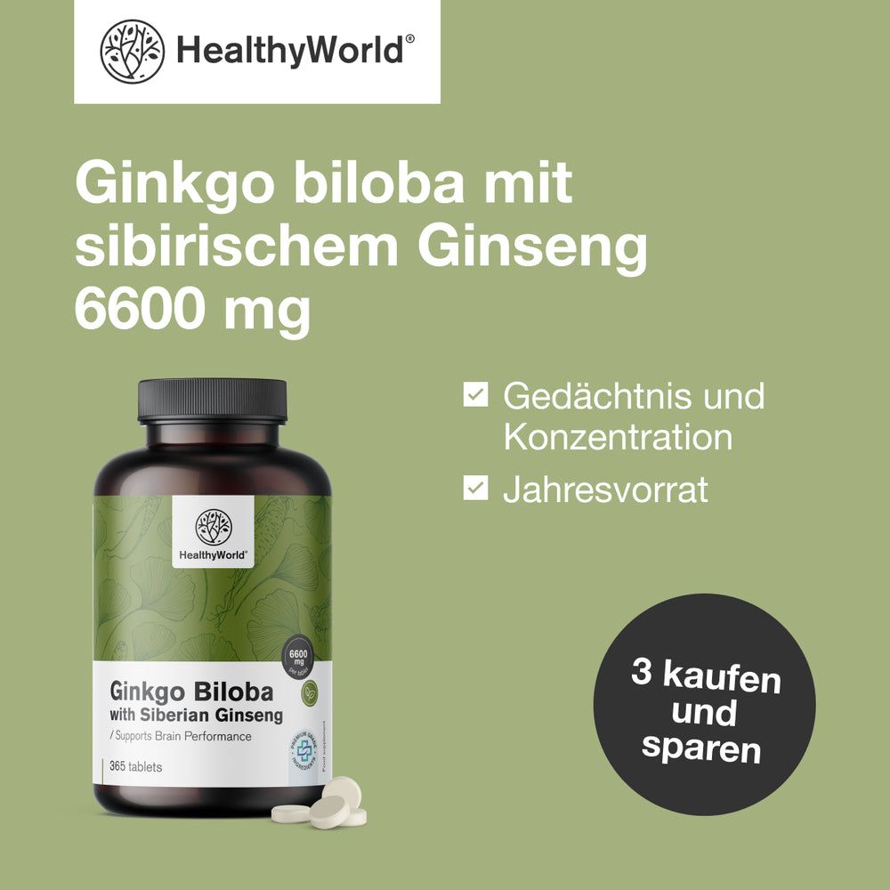 Produktwerbung. Braune Flasche mit Tabletten. Aufschrift: Ginkgo biloba mit sibirischem Ginseng 6600 mg. Logo: HealthyWorld. Text: Gedächtnis und Konzentration, Jahresvorrat.