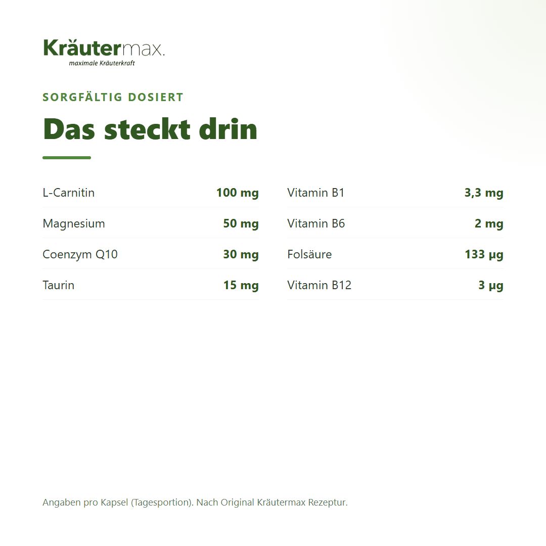 Anwendung von Kräutermax Energie+ Kapseln: 1 Kapsel täglich vor dem Essen. Braune Flasche mit Siegel.