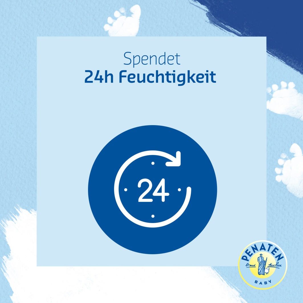 Blauer Hintergrund mit Text: Spendet 24h Feuchtigkeit. Logo: 24h-Symbol. Penaten Baby Logo.