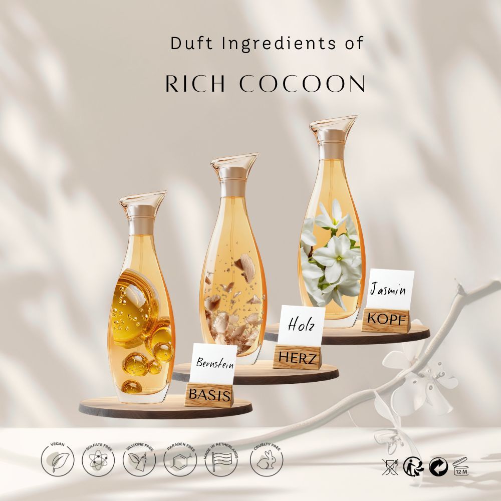 Drei Flakons mit gelber Flüssigkeit. Auf Holz: Bernstein, Holz, Jasmin. Text: Duft Ingredients of Rich Cocoon. Logos: vegan, etc.