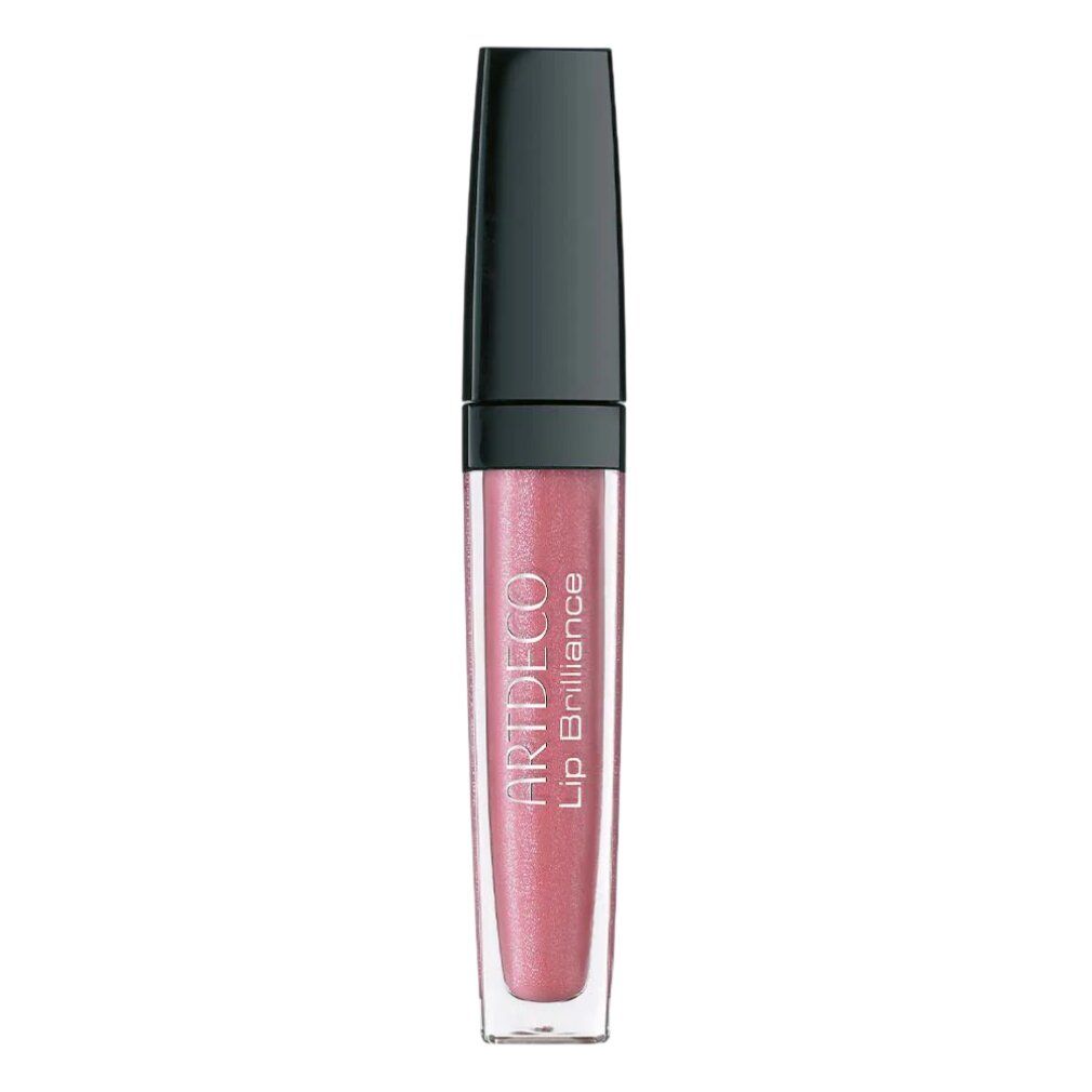Artdeco Lip Brilliance Lip Gloss in einem transparenten Fläschchen mit schwarzem Deckel. Heller Rosaton mit Schimmer.