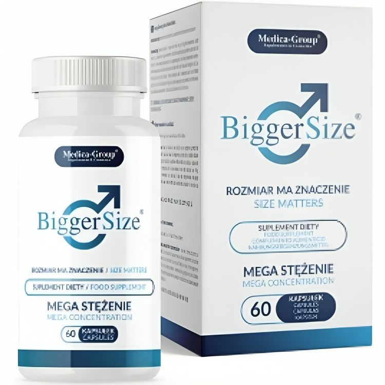 Medica-Group Bigger Size Kapseln und Karton. Weiß mit blauem Logo.