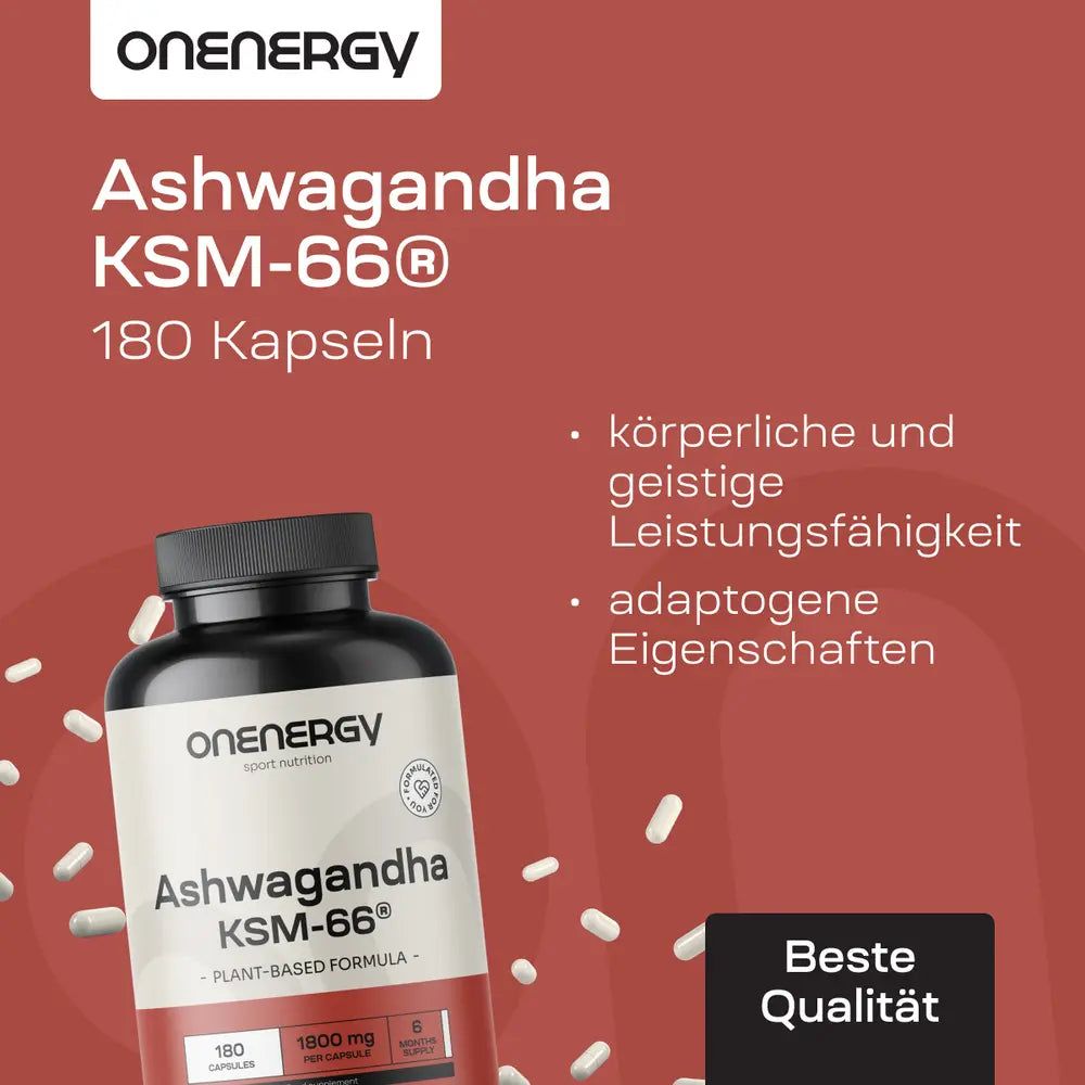 Flasche OnEnergy Ashwagandha KSM-66® (180 Kapseln) mit Liste von Vorteilen und Streuseln.