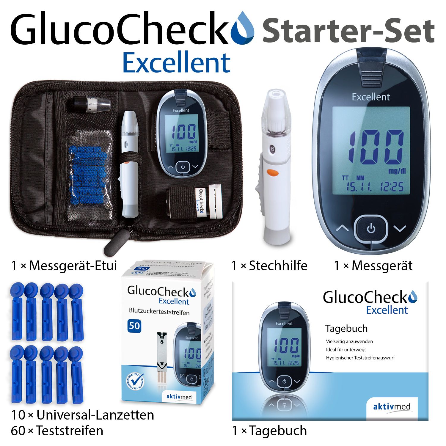 GlucoCheck Excellent Mess-Set - mg/dl zur Blutzuckerkontrolle mit 60 Streifen