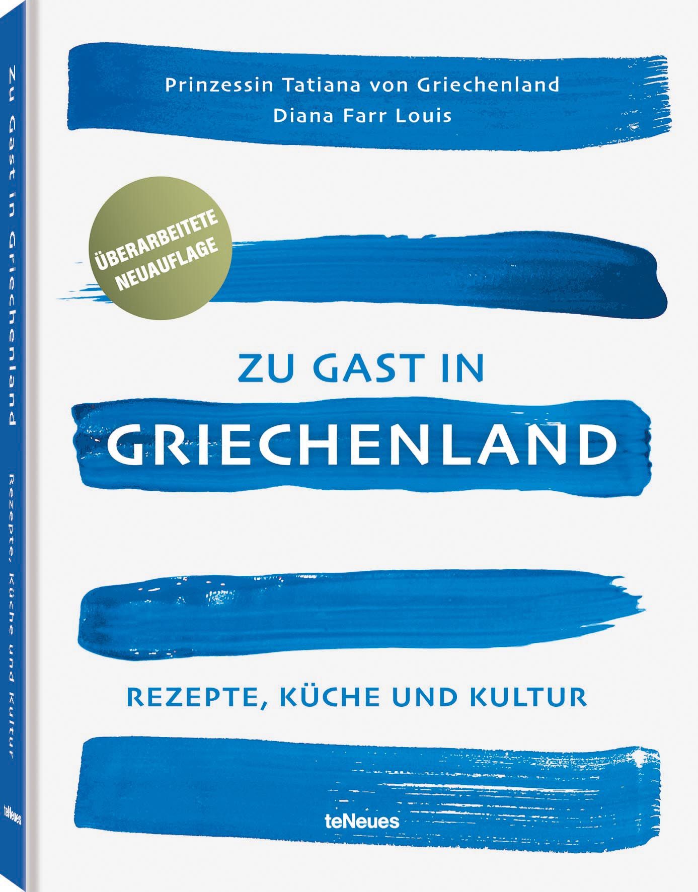 Buchcover: „Zu Gast in Griechenland, Neuauflage“. Titel in Blau, Autorennamen. Grüner Kreis mit „Überarbeitete Neuauflage“. Verlag teNeues.