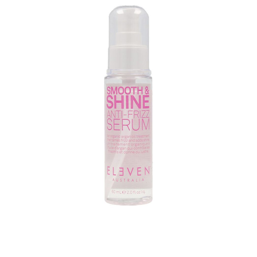 Klarer Behälter mit rosa Etikett. Text: Smooth & Shine Anti-Frizz Serum. Marke: Eleven Australia. Mit Sprühkopf.