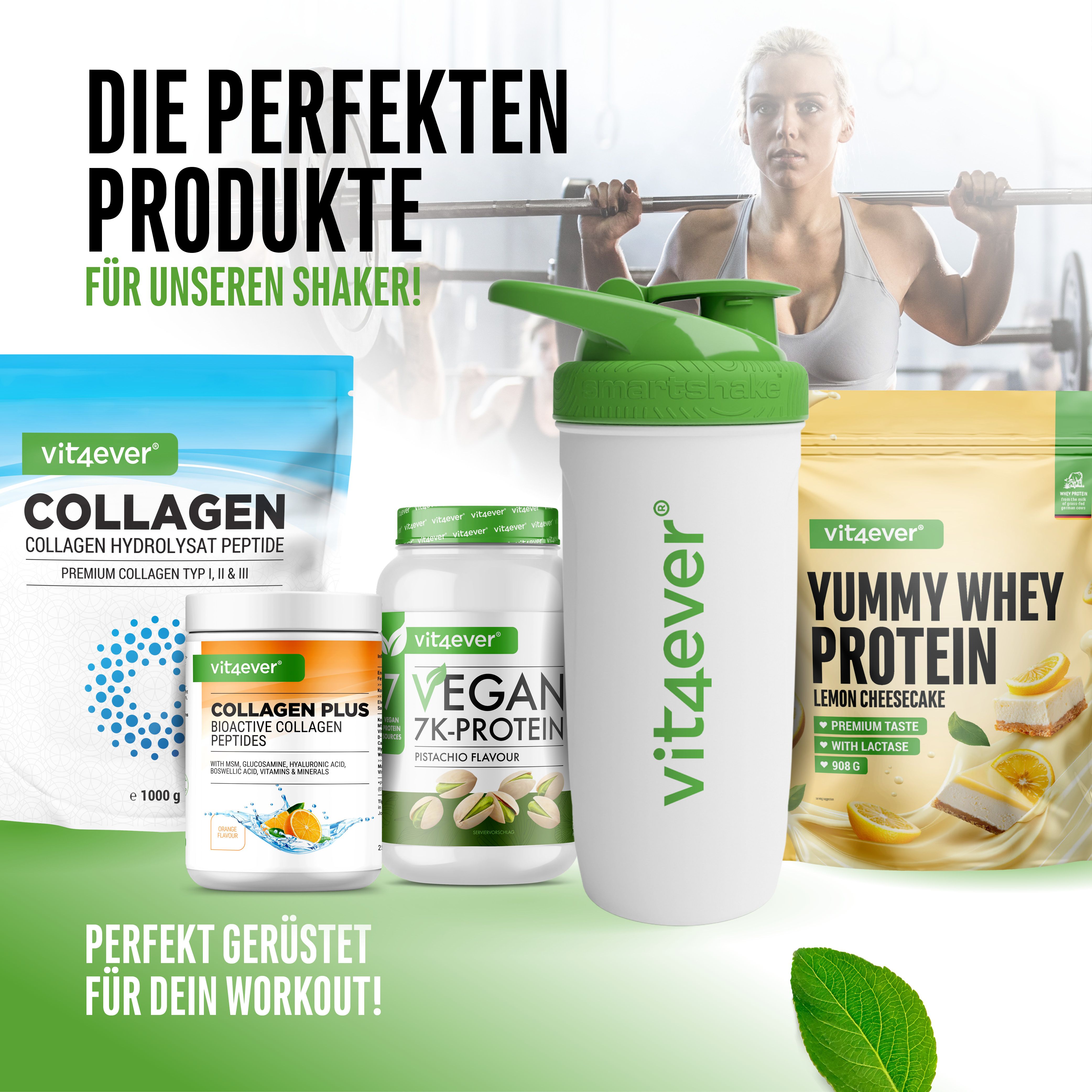 Shaker mit grünem Deckel, neben Produkten. Text: vit4ever. Text: Collagen, Vegan 7K-Protein, Yummy Whey Protein.